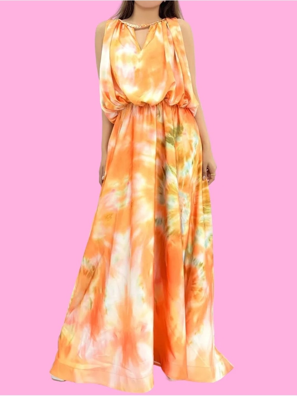 Orange Tie-Dye Maxi Dress - Chain Neck Detail